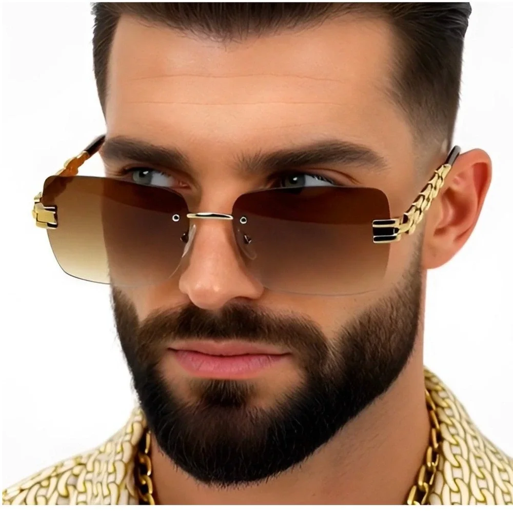 Men Sunglasses Square Gold Metal Frame Brown Lens Hip Hop Street‎ Shades Classic